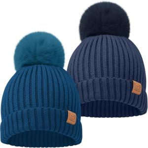 image2Pack Baby Hats for Girls Boys  Stretchy Baby Beanies Cute Newborn ampamp Toddler Winter Hat Soft ampamp Warm Pom Pom Beanie for Infant Toddler Boys Girls 636 Months Ember MCobalt
