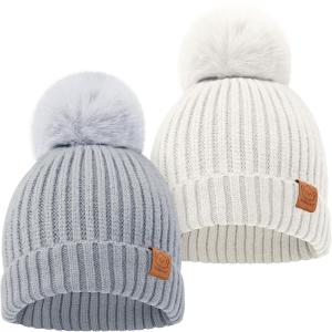image2Pack Baby Hats for Girls Boys  Stretchy Baby Beanies Cute Newborn ampamp Toddler Winter Hat Soft ampamp Warm Pom Pom Beanie for Infant Toddler Boys Girls 636 Months Ember MCloud