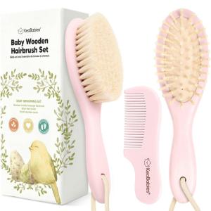 imageBaby Hair Brush and Comb Set for Newborn  Wooden Baby Hair Brush Set with Soft Goat Bristle Baby Brush Set for Newborns Baby Brush and Comb Set Girl Boy Toddler Cradle Cap BrushOval Golden OakBlush