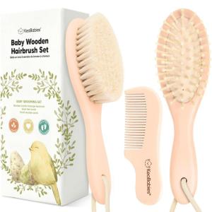 imageBaby Hair Brush and Comb Set for Newborn  Wooden Baby Hair Brush Set with Soft Goat Bristle Baby Brush Set for Newborns Baby Brush and Comb Set Girl Boy Toddler Cradle Cap BrushOval Golden OakPeach