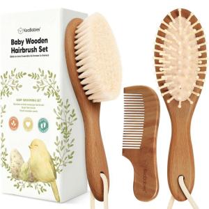 imageBaby Hair Brush and Comb Set for Newborn  Wooden Baby Hair Brush Set with Soft Goat Bristle Baby Brush Set for Newborns Baby Brush and Comb Set Girl Boy Toddler Cradle Cap BrushOval Golden OakDark Walnut