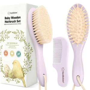 imageBaby Hair Brush and Comb Set for Newborn  Wooden Baby Hair Brush Set with Soft Goat Bristle Baby Brush Set for Newborns Baby Brush and Comb Set Girl Boy Toddler Cradle Cap BrushOval Golden OakThistle