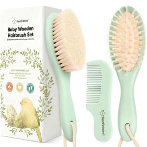 imageBaby Hair Brush and Comb Set for Newborn  Wooden Baby Hair Brush Set with Soft Goat Bristle Baby Brush Set for Newborns Baby Brush and Comb Set Girl Boy Toddler Cradle Cap BrushOval Golden OakSage