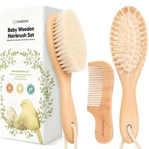 imageBaby Hair Brush and Comb Set for Newborn  Wooden Baby Hair Brush Set with Soft Goat Bristle Baby Brush Set for Newborns Baby Brush and Comb Set Girl Boy Toddler Cradle Cap BrushOval Golden OakWalnut