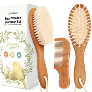 imageBaby Hair Brush and Comb Set for Newborn  Wooden Baby Hair Brush Set with Soft Goat Bristle Baby Brush Set for Newborns Baby Brush and Comb Set Girl Boy Toddler Cradle Cap BrushOval Golden OakGolden Oak