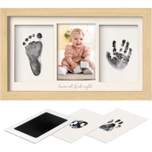 imageInkless Hand and Footprint Kit Boy Girl Newborn Keepsake  No Mess Ink Pad for Baby Handprint Clean Touch Paw Print Kit for Dog Picture Frame Personalized Baby Shower Gifts Onyx BlackAsh Wood
