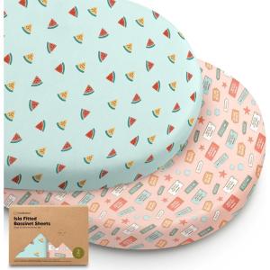 image2Pack Baby Bassinet Sheets Girl Boy  Viscose Derived from Bamboo Fitted Bassinet Sheets Compatible with Halo Bassinest Swivel Sleeper Baby Delight Graco Bedside Bassinet Mattress Sheet BunniesBeach Day