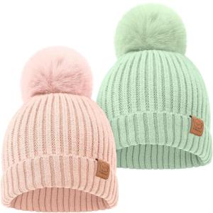 image2Pack Baby Hats for Girls Boys  Stretchy Baby Beanies Cute Newborn ampamp Toddler Winter Hat Soft ampamp Warm Pom Pom Beanie for Infant Toddler Boys Girls 636 Months Ember MMacaron