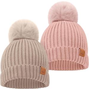 image2Pack Baby Hats for Girls Boys  Stretchy Baby Beanies Cute Newborn ampamp Toddler Winter Hat Soft ampamp Warm Pom Pom Beanie for Infant Toddler Boys Girls 636 Months Ember MFawn