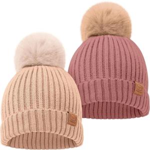 image2Pack Baby Hats for Girls Boys  Stretchy Baby Beanies Cute Newborn ampamp Toddler Winter Hat Soft ampamp Warm Pom Pom Beanie for Infant Toddler Boys Girls 636 Months Ember MTea Rose