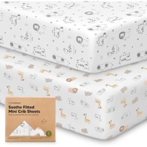 image2Pack Mini Crib Sheets Fitted  38x26 Pack N Play Sheets for Pack and Play Mattress Organic Cotton Soft ampamp Breathable Playard Bedding Neutral Mini Toddler Bed Cover for Boys Girls EllyKeasafari