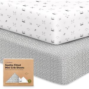 image2Pack Mini Crib Sheets Fitted  38x26 Pack N Play Sheets for Pack and Play Mattress Organic Cotton Soft ampamp Breathable Playard Bedding Neutral Mini Toddler Bed Cover for Boys Girls EllyNordic