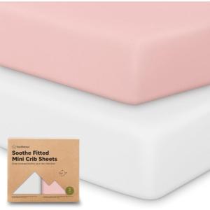 image2Pack Mini Crib Sheets Fitted  38x26 Pack N Play Sheets for Pack and Play Mattress Organic Cotton Soft ampamp Breathable Playard Bedding Neutral Mini Toddler Bed Cover for Boys Girls EllyRose