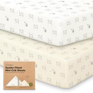 image2Pack Mini Crib Sheets Fitted  38x26 Pack N Play Sheets for Pack and Play Mattress Organic Cotton Soft ampamp Breathable Playard Bedding Neutral Mini Toddler Bed Cover for Boys Girls EllyBumble Bear