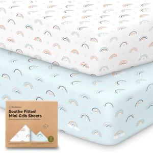 image2Pack Mini Crib Sheets Fitted  38x26 Pack N Play Sheets for Pack and Play Mattress Organic Cotton Soft ampamp Breathable Playard Bedding Neutral Mini Toddler Bed Cover for Boys Girls EllyJolly Rainbow