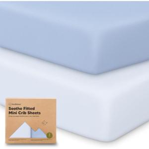 image2Pack Mini Crib Sheets Fitted  38x26 Pack N Play Sheets for Pack and Play Mattress Organic Cotton Soft ampamp Breathable Playard Bedding Neutral Mini Toddler Bed Cover for Boys Girls EllyBlue Flax