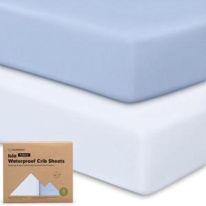 image2Pack Waterproof Baby Crib Sheets for Boys Girls  52x28 Viscose Derived from Bamboo Toddler Bed Sheet Neutral Fitted Crib Mattress Protector Cover for Baby Bedding Soft ampamp Gentle EcruBlue Flax