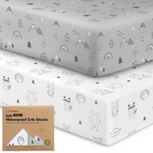 image2Pack Waterproof Baby Crib Sheets for Boys Girls  52x28 Viscose Derived from Bamboo Toddler Bed Sheet Neutral Fitted Crib Mattress Protector Cover for Baby Bedding Soft ampamp Gentle EcruWoodland