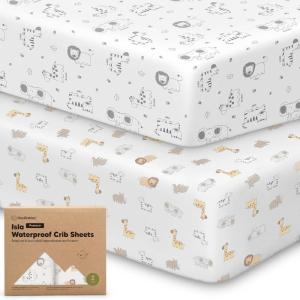 image2Pack Waterproof Baby Crib Sheets for Boys Girls  52x28 Viscose Derived from Bamboo Toddler Bed Sheet Neutral Fitted Crib Mattress Protector Cover for Baby Bedding Soft ampamp Gentle EcruKeasafari