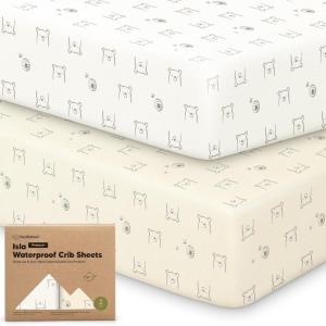 image2Pack Waterproof Baby Crib Sheets for Boys Girls  52x28 Viscose Derived from Bamboo Toddler Bed Sheet Neutral Fitted Crib Mattress Protector Cover for Baby Bedding Soft ampamp Gentle EcruBumble Bear