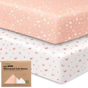 image2Pack Waterproof Baby Crib Sheets for Boys Girls  52x28 Viscose Derived from Bamboo Toddler Bed Sheet Neutral Fitted Crib Mattress Protector Cover for Baby Bedding Soft ampamp Gentle EcruButterflies