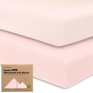 image2Pack Waterproof Crib Sheets for Boy Girl  Organic Cotton 52X28 Fitted Crib Sheets NeutralCrib Mattress Protector SheetsSoft Toddler Bed SheetsWashable Infant Fitted Baby Crib SheetsKeaSafariMist Rose