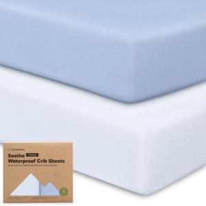 image2Pack Waterproof Crib Sheets for Boy Girl  Organic Cotton 52X28 Fitted Crib Sheets NeutralCrib Mattress Protector SheetsSoft Toddler Bed SheetsWashable Infant Fitted Baby Crib SheetsKeaSafariBlue Flax