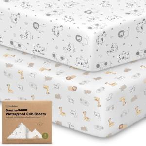 image2Pack Waterproof Crib Sheets for Boy Girl  Organic Cotton 52X28 Fitted Crib Sheets NeutralCrib Mattress Protector SheetsSoft Toddler Bed SheetsWashable Infant Fitted Baby Crib SheetsKeaSafariKeasafari