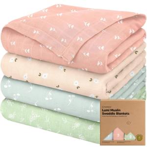 image4Pack Muslin Swaddle Blankets for Boys Girls  Organic Baby Swaddles for Newborns Soft ampamp Breathable Receiving Baby Blankets for Girl Boy Neutral Newborn Essentials Gift CoralsBloom