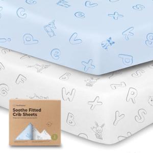 imageKeaBabies 2Pack Organic Crib Sheets for Boys Girls  52x28 Fitted Crib Mattress Sheet Neutral Breathable Jersey Cotton Cover for Baby Bed Toddler Mattress Soft ampamp Cute Prints WoodlandAbc Land Sky