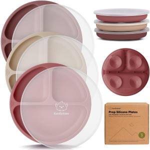 imageKeaBabies Suction Plates with Lids for Baby  3Pack 100 Silicone Toddler Plates with Suction Divided BPAFree Baby Led Weaning Essentials for Kids Dishwasher Microwave Safe Durable SlateBurgundy