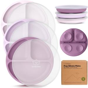 imageKeaBabies Suction Plates with Lids for Baby  3Pack 100 Silicone Toddler Plates with Suction Divided BPAFree Baby Led Weaning Essentials for Kids Dishwasher Microwave Safe Durable SlateAmethyst