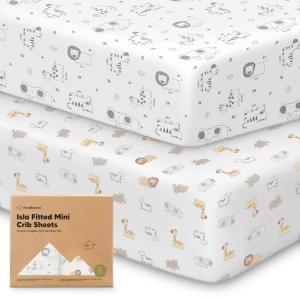 imagePack and Play Sheets Fitted  2Pack Mini Crib Sheets for Pack N Play Mattress 38x26 Soft ampamp Cozy Neutral Toddler Playard Bedding Snug Fitted Mini Baby Crib Mattress Cover Boy Girl ABC LandKeasafari