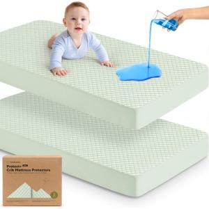 imageWaterproof Crib Mattress Protector Cover Fitted  2Pack Quiet Baby Crib Mattress Pad Sheets 52quot x 28quot Soft Quilted Cotton Baby Sheet Machine Washable Easy Fit Durable KhakiMavyAloeQuin