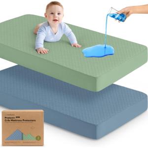 imageWaterproof Crib Mattress Protector Cover Fitted  2Pack Quiet Baby Crib Mattress Pad Sheets 52quot x 28quot Soft Quilted Cotton Baby Sheet Machine Washable Easy Fit Durable KhakiMavyLagoonQuin