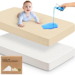 imageWaterproof Crib Mattress Protector Cover Fitted  2Pack Quiet Baby Crib Mattress Pad Sheets 52quot x 28quot Soft Quilted Cotton Baby Sheet Machine Washable Easy Fit Durable KhakiMavyKhakiMavy