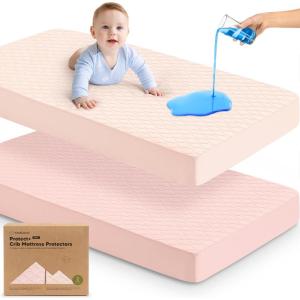 imageWaterproof Crib Mattress Protector Cover Fitted  2Pack Quiet Baby Crib Mattress Pad Sheets 52quot x 28quot Soft Quilted Cotton Baby Sheet Machine Washable Easy Fit Durable KhakiMavyMist RoseMavy