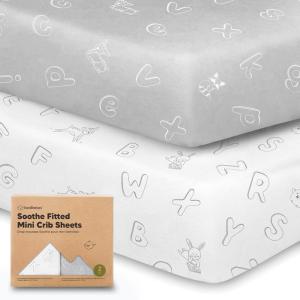 image2Pack Mini Crib Sheets Fitted  38x26 Pack N Play Sheets for Pack and Play Mattress Organic Cotton Soft ampamp Breathable Playard Bedding Neutral Mini Toddler Bed Cover for Boys Girls ButterfliesAbc Land