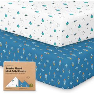 image2Pack Mini Crib Sheets Fitted  38x26 Pack N Play Sheets for Pack and Play Mattress Organic Cotton Soft ampamp Breathable Playard Bedding Neutral Mini Toddler Bed Cover for Boys Girls ButterfliesSpace Quest