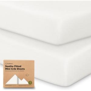 image2Pack Mini Crib Sheets Fitted  38x26 Pack N Play Sheets for Pack and Play Mattress Organic Cotton Soft ampamp Breathable Playard Bedding Neutral Mini Toddler Bed Cover for Boys Girls ButterfliesSoft White