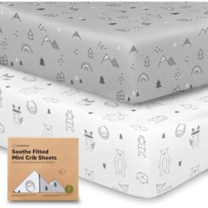 image2Pack Mini Crib Sheets Fitted  38x26 Pack N Play Sheets for Pack and Play Mattress Organic Cotton Soft ampamp Breathable Playard Bedding Neutral Mini Toddler Bed Cover for Boys Girls ButterfliesWoodland