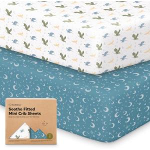 image2Pack Mini Crib Sheets Fitted  38x26 Pack N Play Sheets for Pack and Play Mattress Organic Cotton Soft ampamp Breathable Playard Bedding Neutral Mini Toddler Bed Cover for Boys Girls ButterfliesDragon Tale