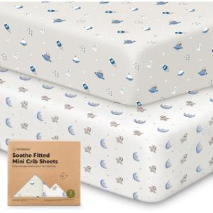 image2Pack Mini Crib Sheets Fitted  38x26 Pack N Play Sheets for Pack and Play Mattress Organic Cotton Soft ampamp Breathable Playard Bedding Neutral Mini Toddler Bed Cover for Boys Girls ButterfliesCosmo