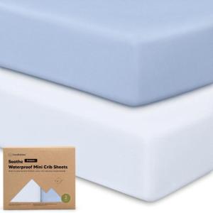 image2Pack Pack and Play Sheets Waterproof Mini Crib Sheets Fitted  Organic Cotton Pack N Play Sheets for Graco Pack and Play Mattress Playard Baby Crib Sheets Neutral for Boy Girl Toddler HerbBlue Flax